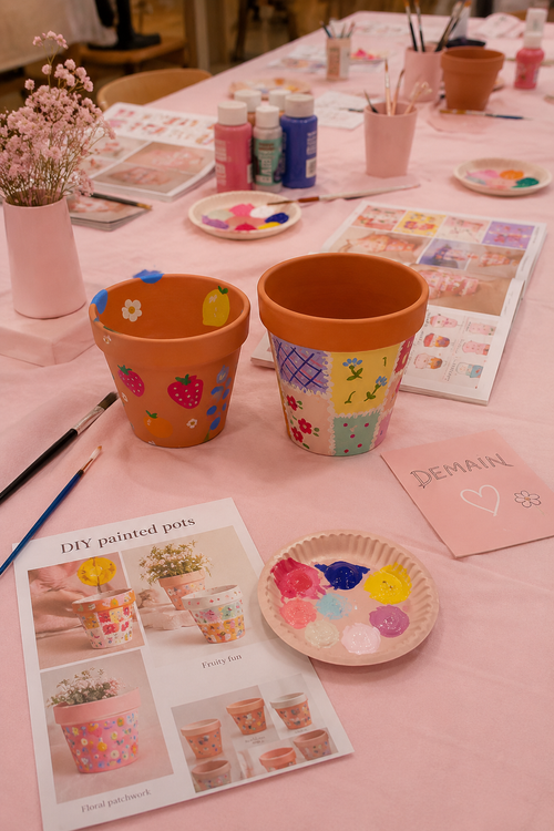 Pot en terre cuite en cours de décoration avec peinture colorée et ficelle naturelle, atelier créatif